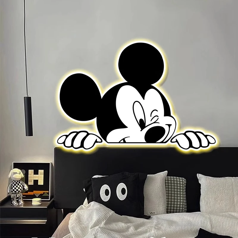 新款黑白米奇米妮氛围感ins风卧室装饰画卡通可爱客厅挂画床头画