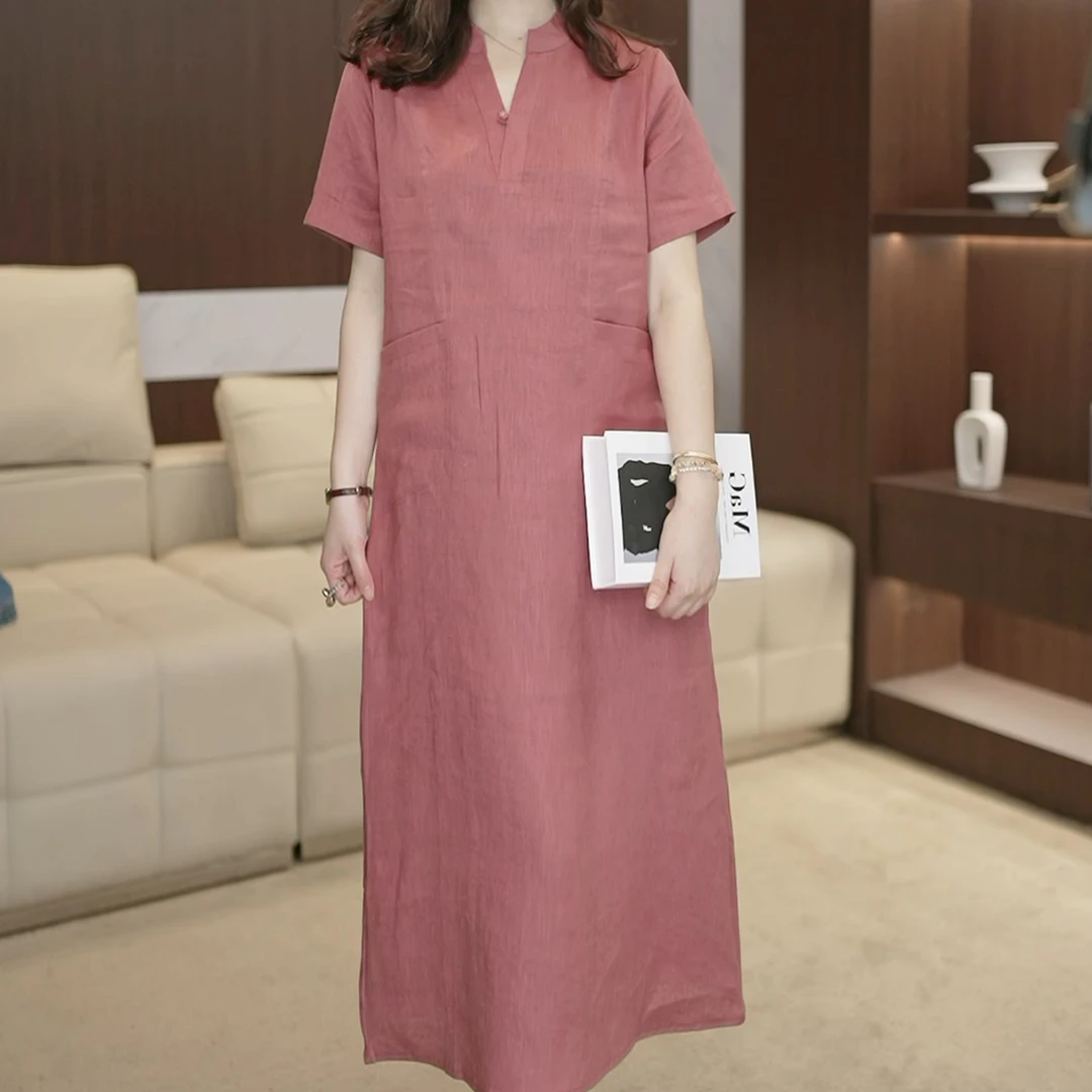 文艺复古裙子A版亚麻盘扣连衣裙中长襟小立领改良旗袍裙夏裙3212