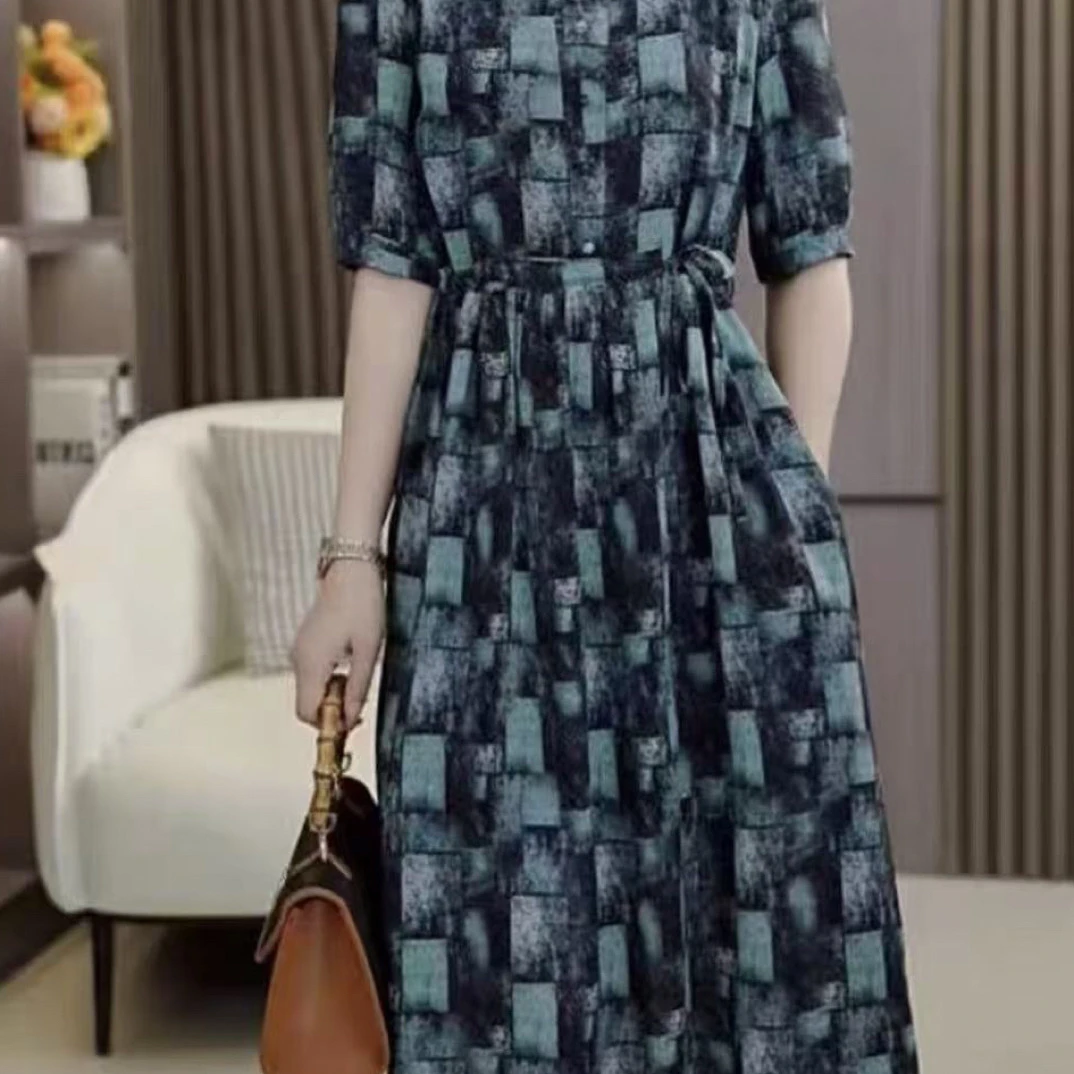 雪【墨绿格子】新款高级洋气夏季收腰气质显瘦连衣裙时尚裙子2356