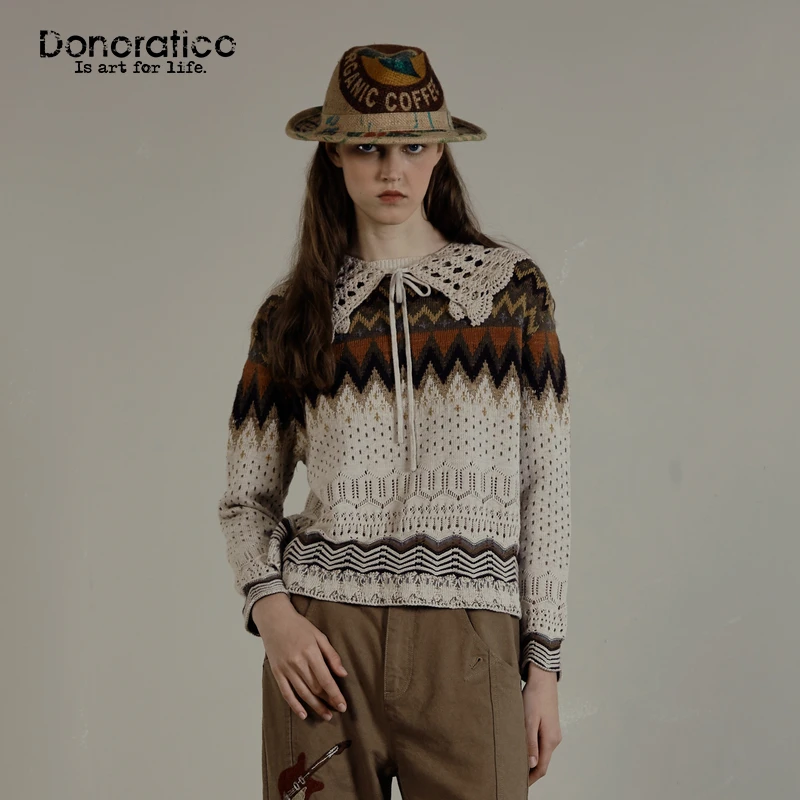 达衣岩文艺复古2025春新品淑女风棉麻混纺镂空拼接提花针织衫女
