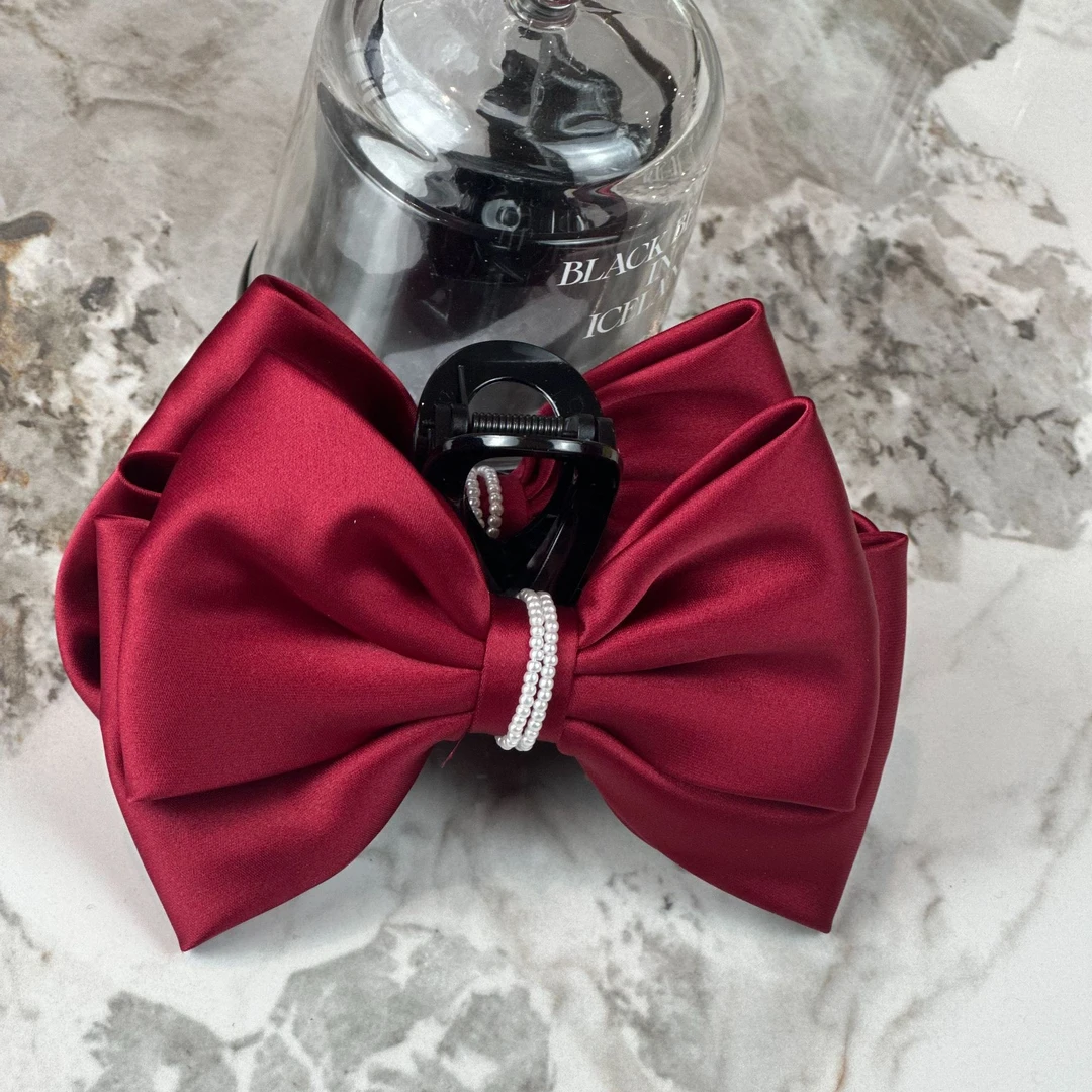 日韩在逃公主红色大蝴蝶结抓夹女后脑勺缎面大鲨鱼夹网红优雅气质