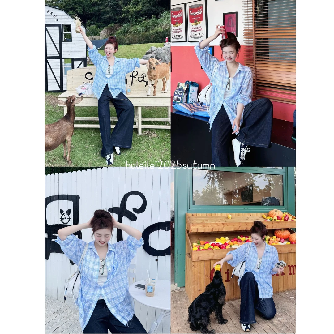 晶咕【海盐冰萃】韩系撞色格纹polo领衬衫+大U领纯色背心