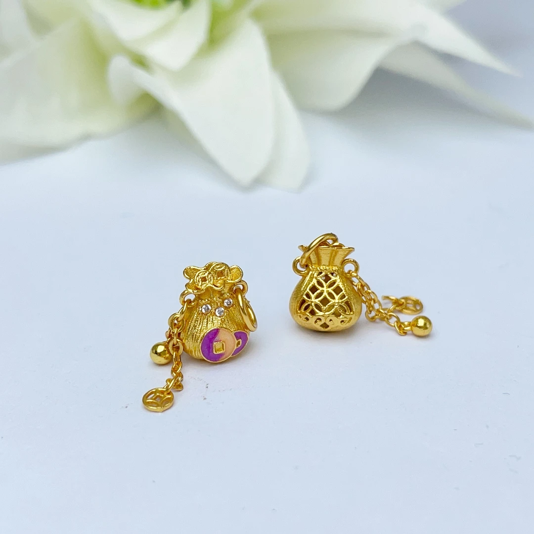 925银银制品 【萌宝饰品】B837金色烧蓝拉丝镂空钱袋子DIY滴流9*8mm