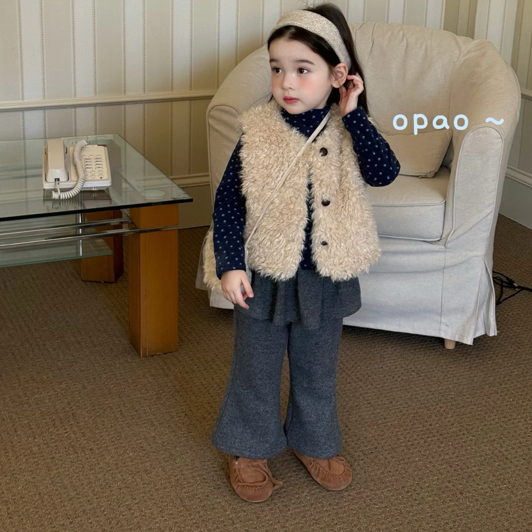 opao 女童毛毛马甲2025秋冬新款小童圆领波点内搭保暖加绒屁帘裤