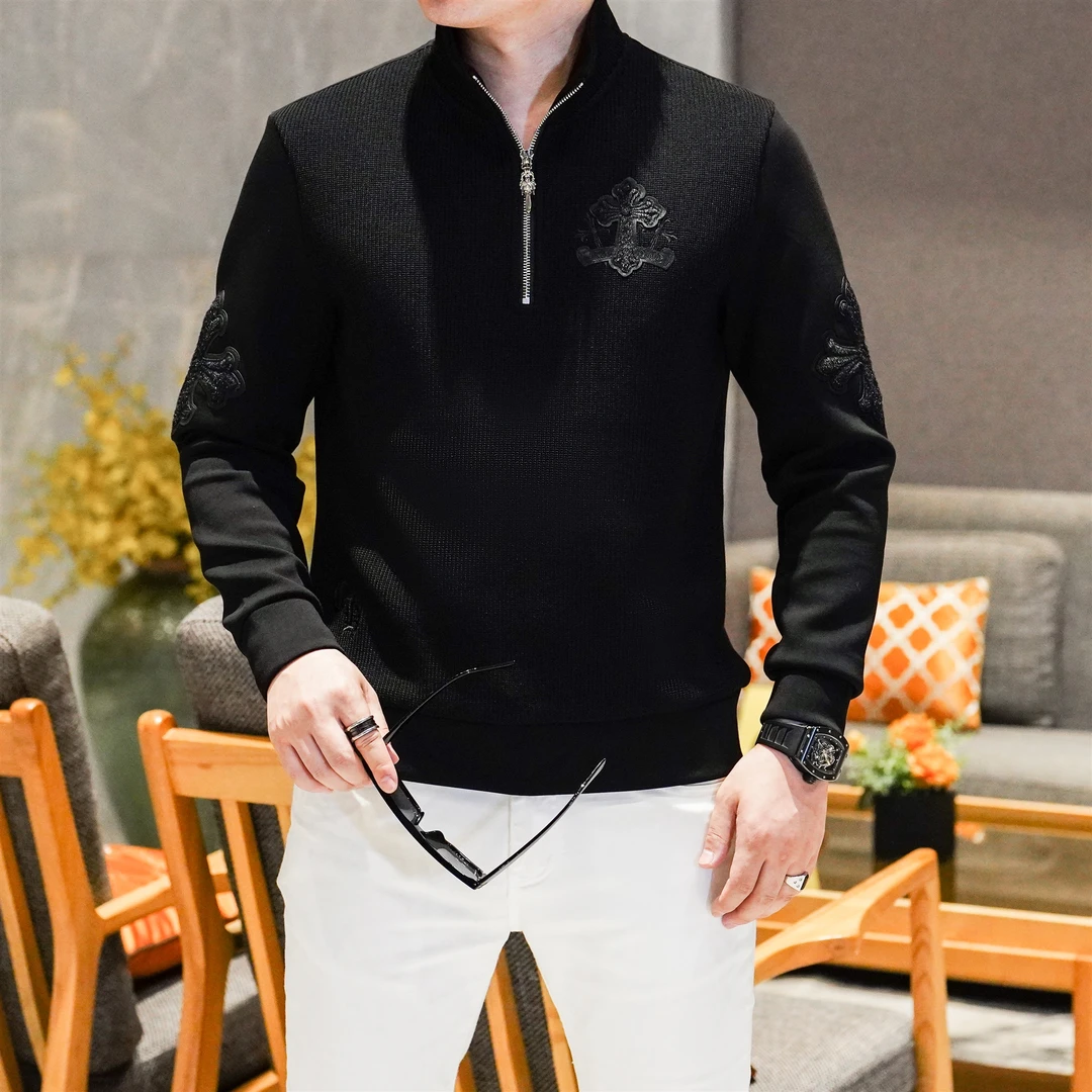 韦内卡彻秋冬新品高端针织拼接重工半拉链立领卫衣男款痞帅上衣