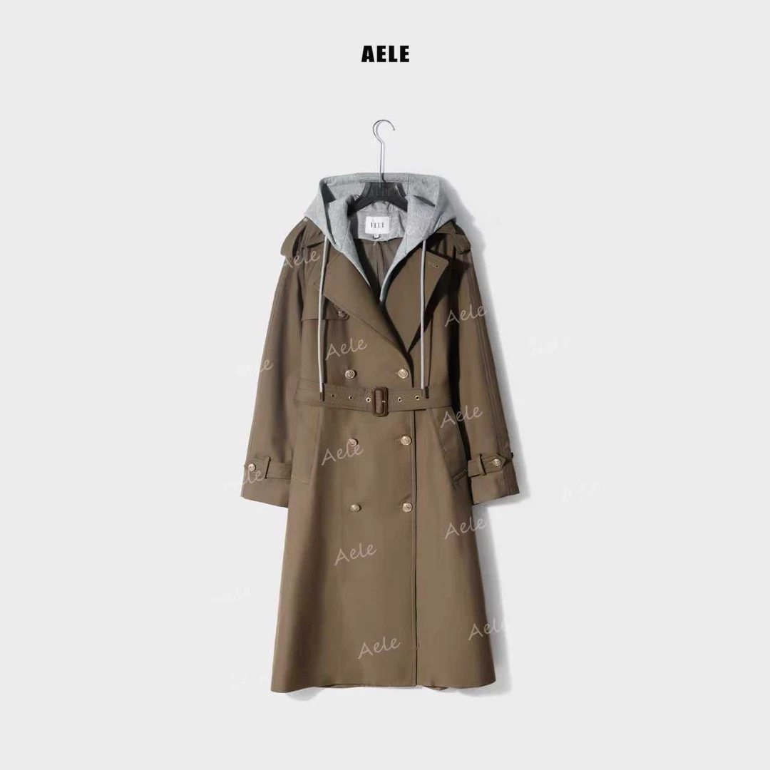 AELE气质长款显瘦拼色连帽风衣休闲时尚外套 F853 2327 AD时尚