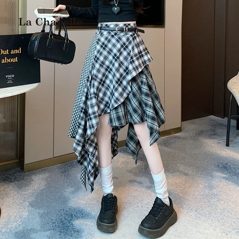 拉夏贝尔不规则中长拼接格子半身裙2025春季新款韩版裙子配腰带女