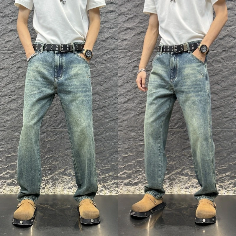 锥形直筒纯色蓝色复古牛仔裤经典小众新款休闲流光风男士蓝色直筒