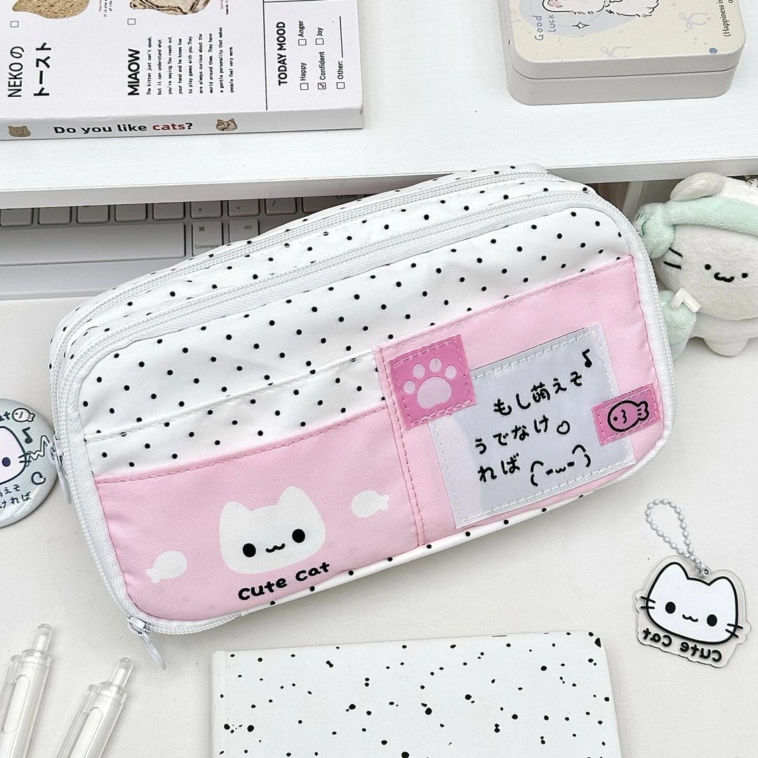 原创宅系粉色波点小猫百搭多层学生大容量高颜值文具收纳袋铅笔袋