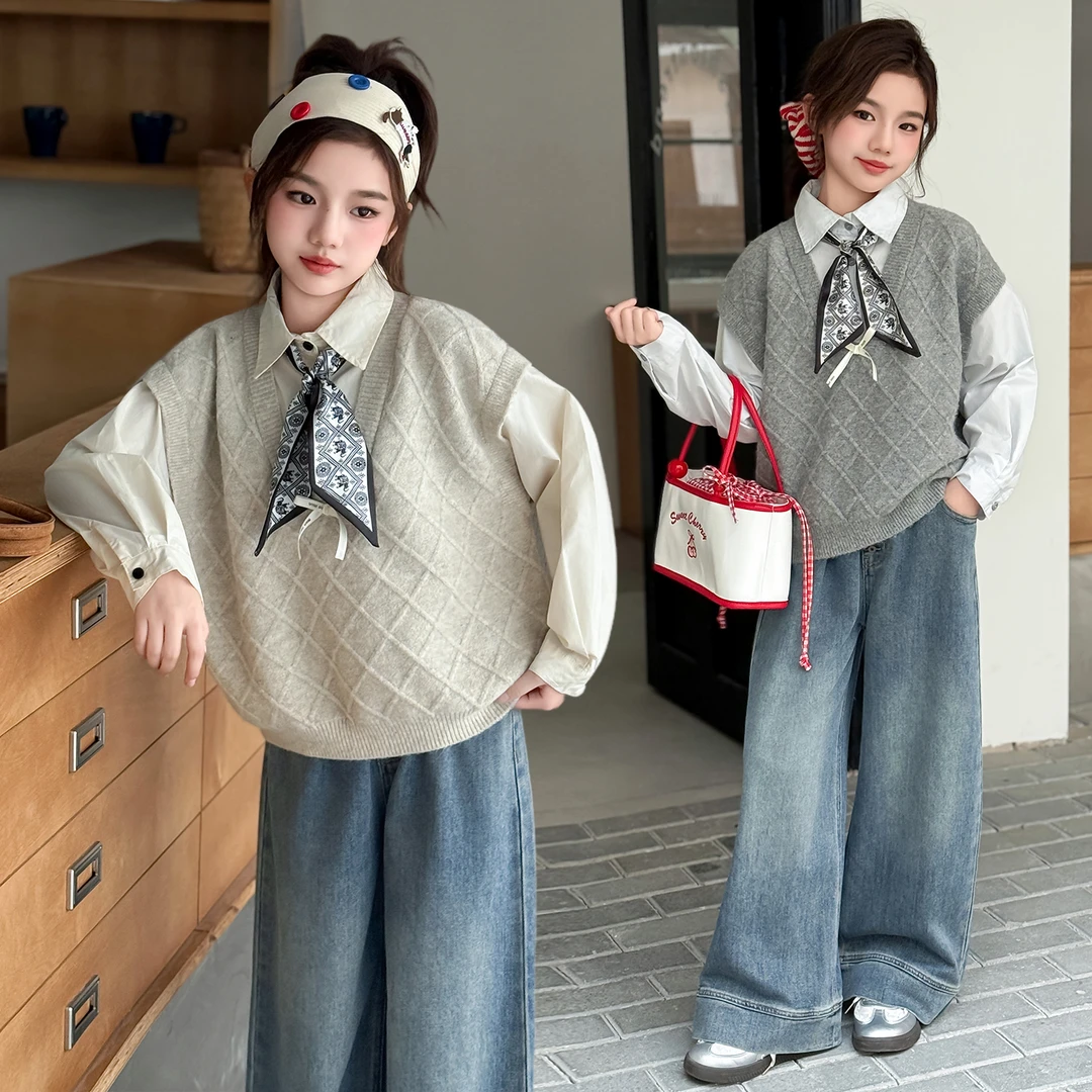 2025女童韩系衬衫假两件牛仔裤套装春秋款宽松气质洋气学院风韩版