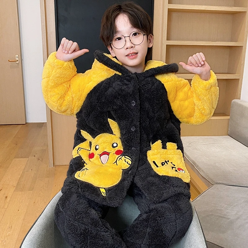 2025新款儿童睡衣冬季法兰绒加厚三层夹棉男童家居服外穿珊瑚绒冬