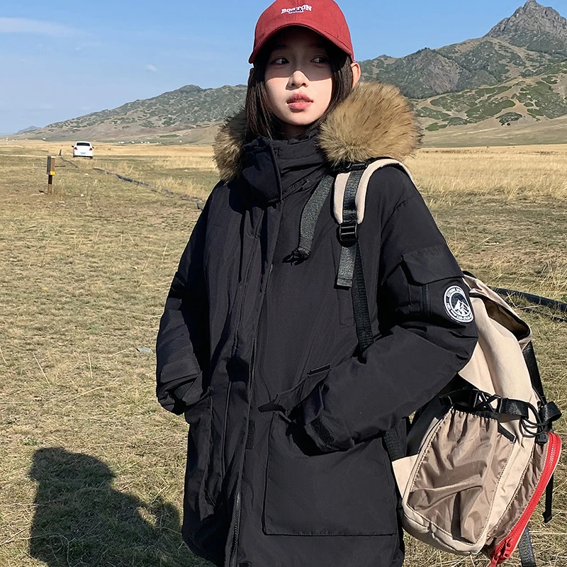 棉服2024新款毛领工装派克外套加厚冬季中长款情侣棉服女冬