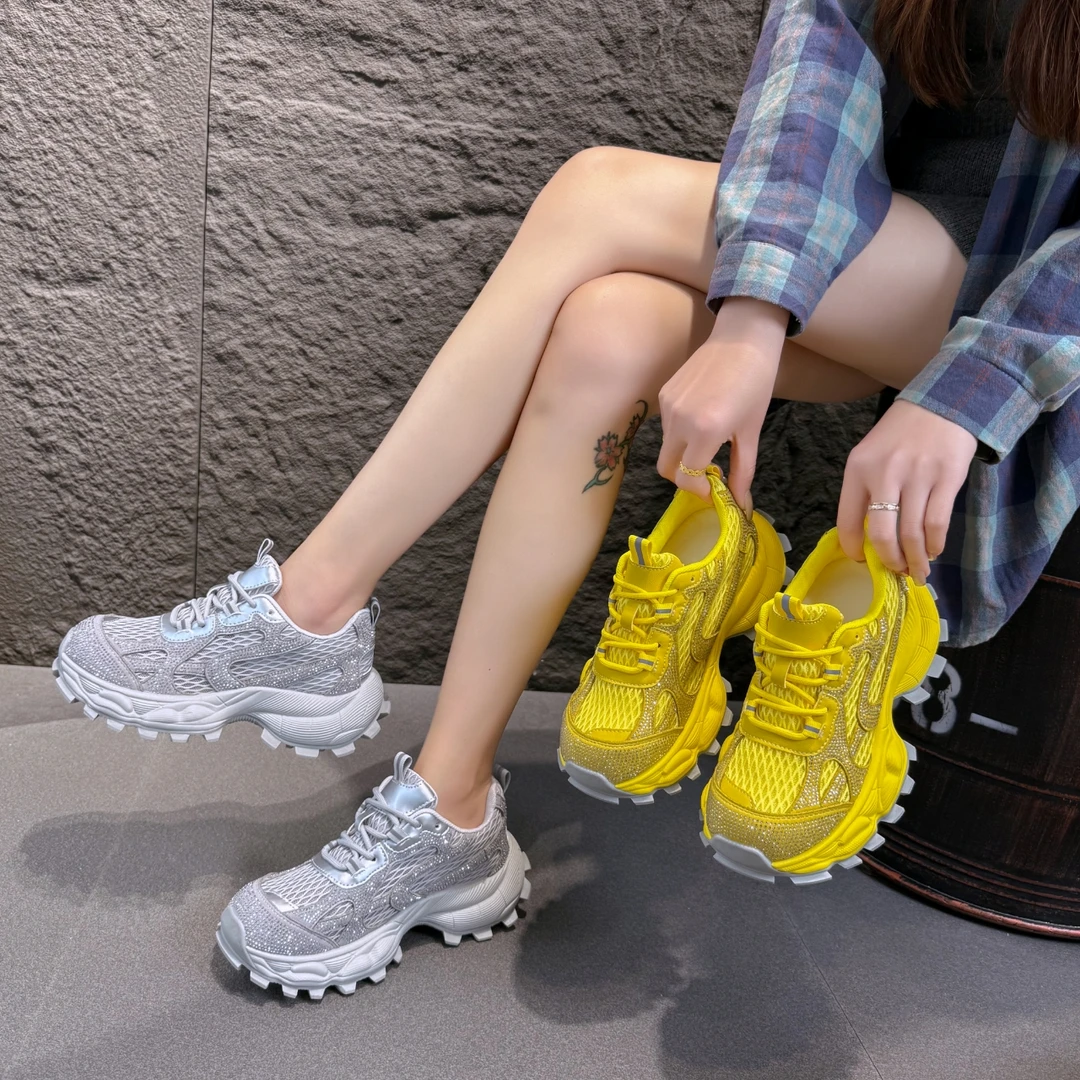 【单网】厚底增高老爹鞋女ins2025夏季百搭透气舒适镶钻休闲运动鞋