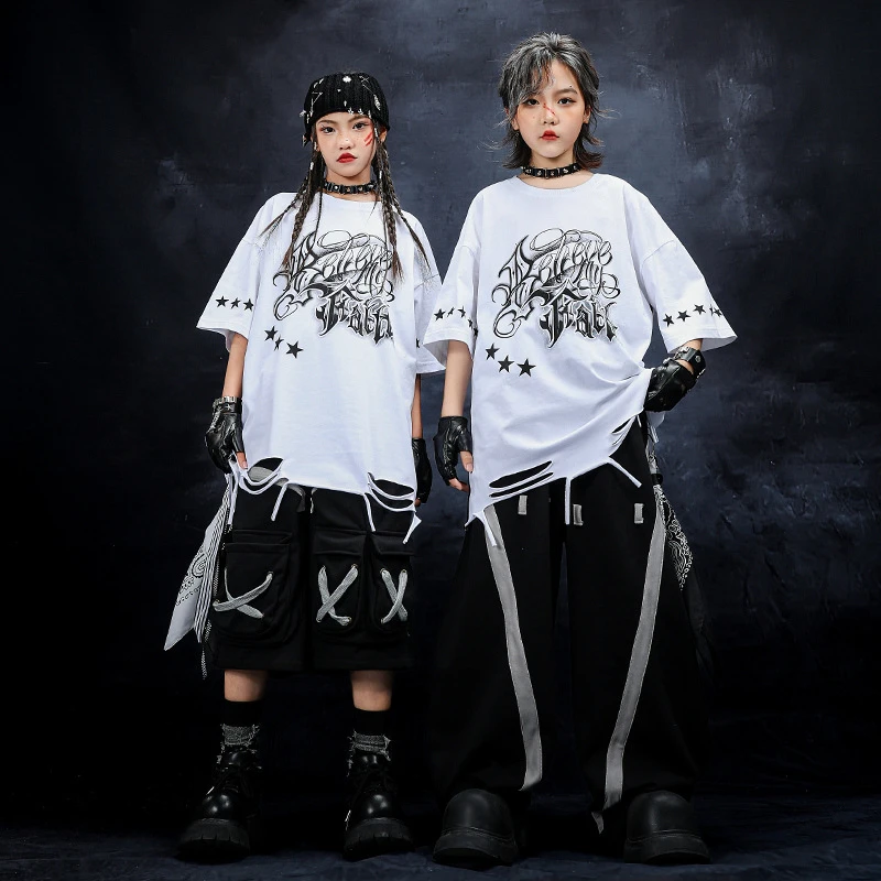 街舞儿童潮服嘻哈男童破洞短袖舞蹈服套装女童酷帅走秀潮装演出服