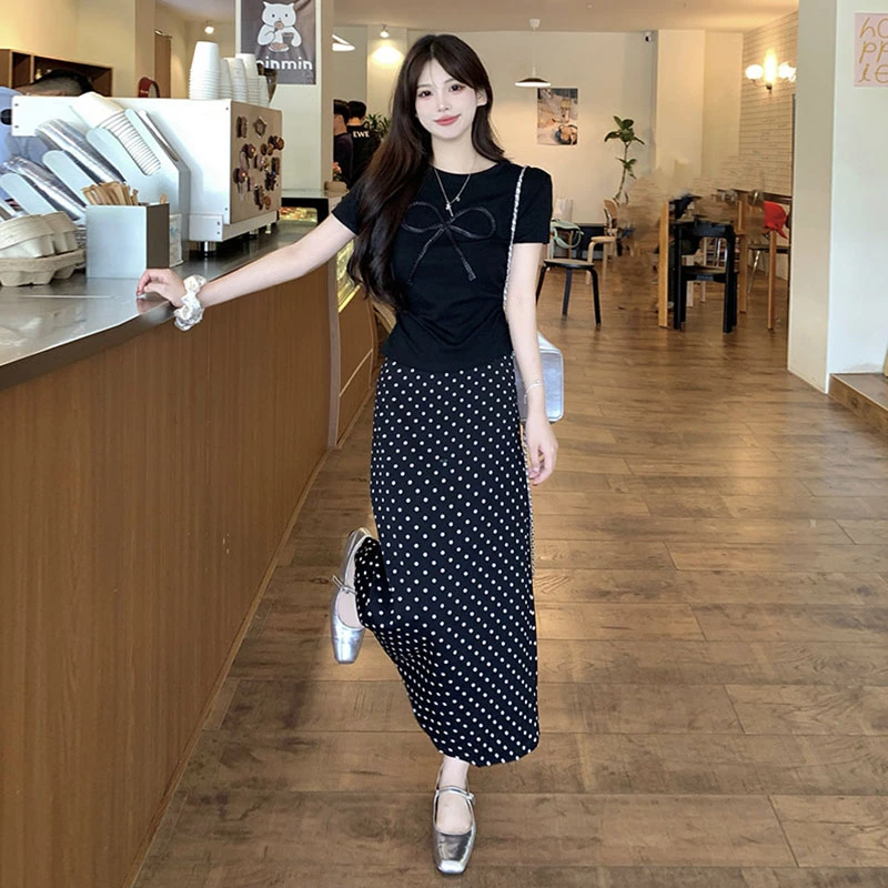 韩系蝴蝶结T恤波点半身裙两件套女夏季大码胖mm甜美气质显瘦套装