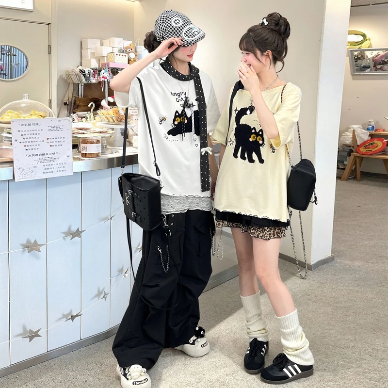 森女部落原创可爱猫咪萌趣宽松休闲短袖T恤女上衣时尚套装