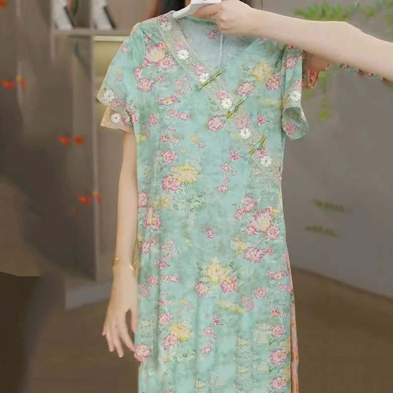 10360-夏季新款宽松中长款连衣裙显瘦高端气质妈妈旗袍裙子【A仓】