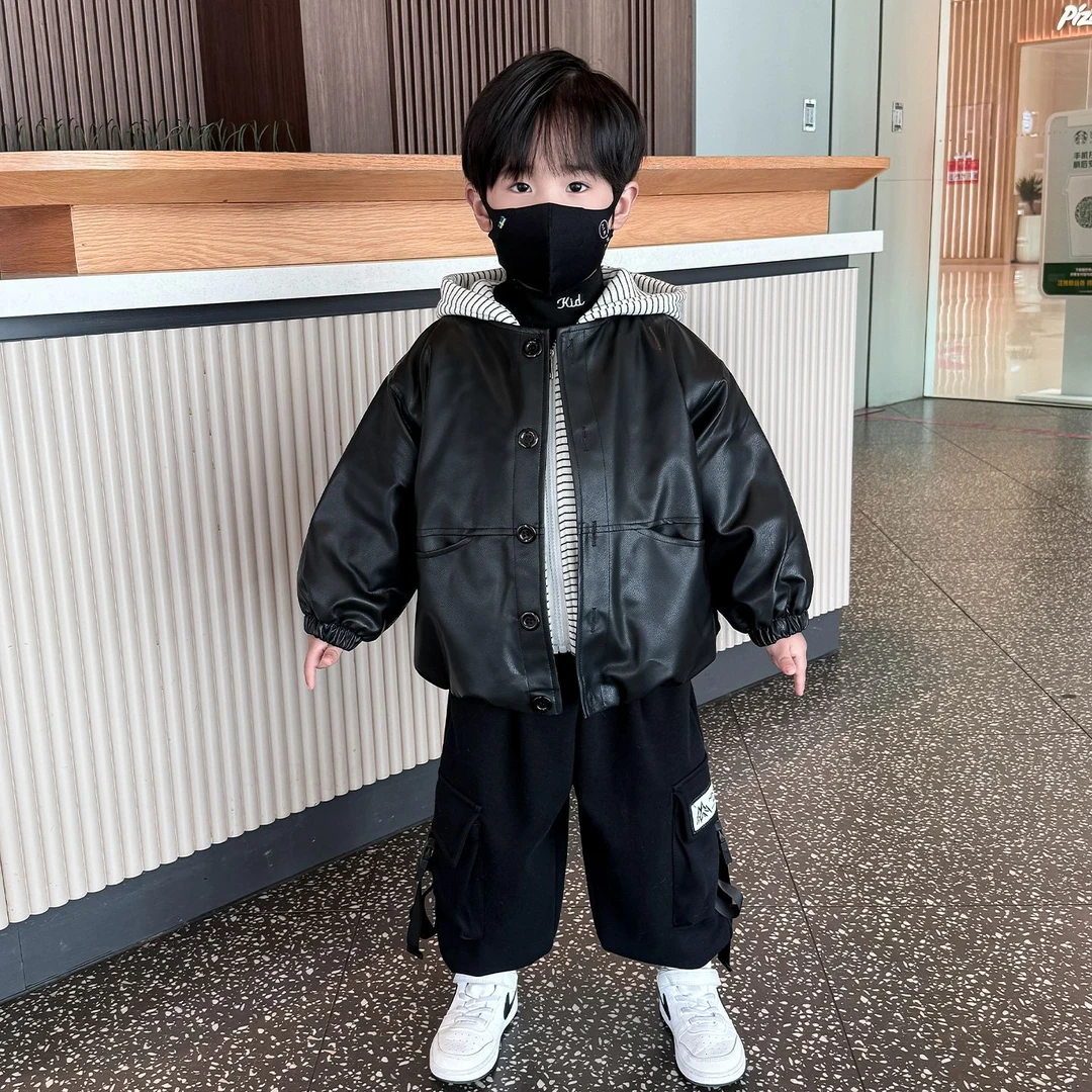 儿童冬季加绒加厚外套男童痞帅皮衣棉袄2025新款秋冬装假两件衣服