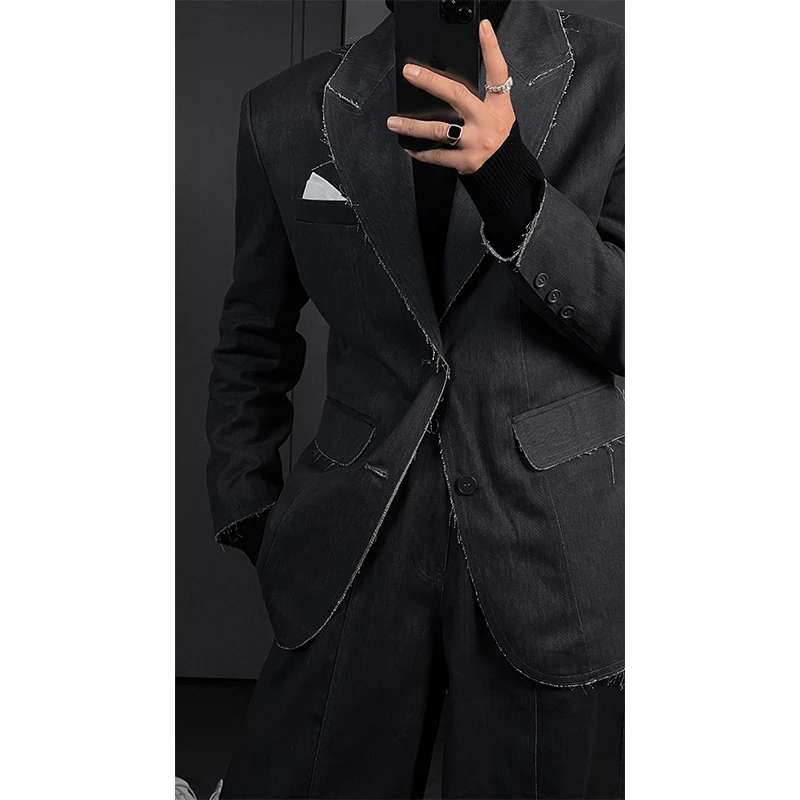 龙叨叨2024秋季新品毛边设计高级感西装套装休闲西服宽松直筒长裤