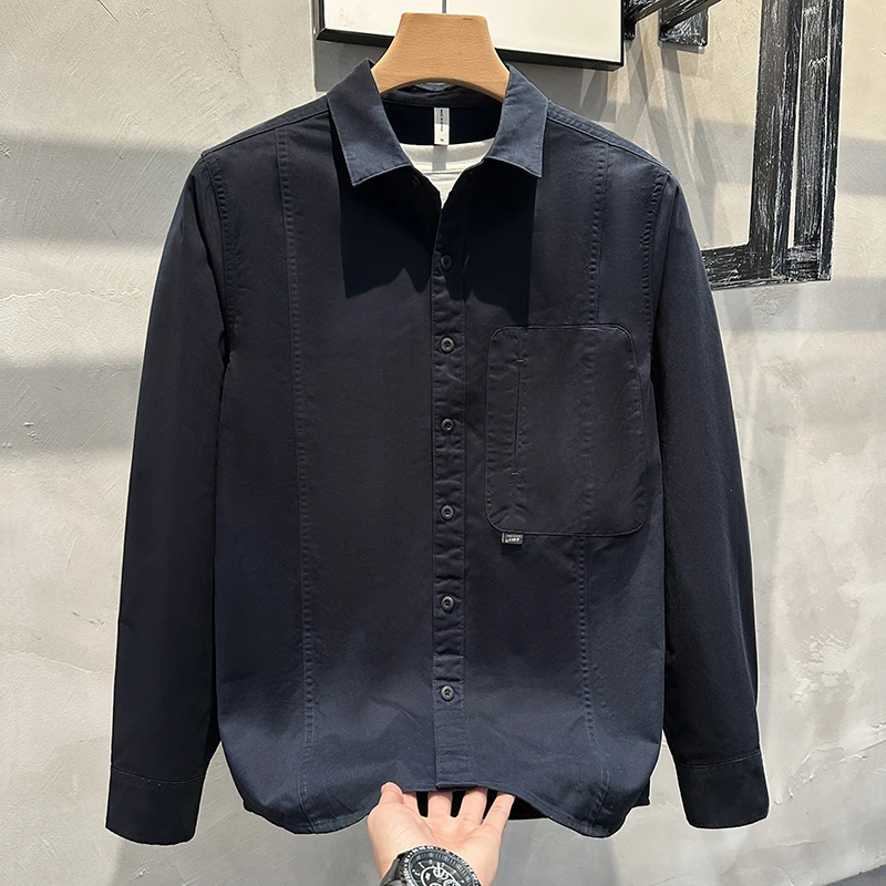 春季新款日系复古舒适长袖衬衫男士时尚百搭文艺休闲宽松衬衣上衣
