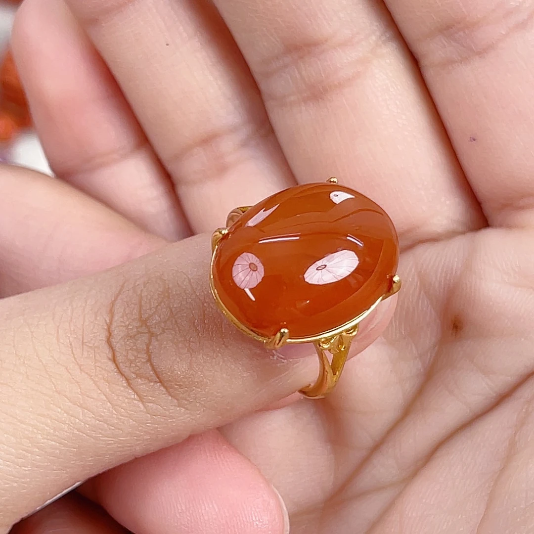 黑***豆南红玛瑙银S925镶嵌保山柿子红戒指