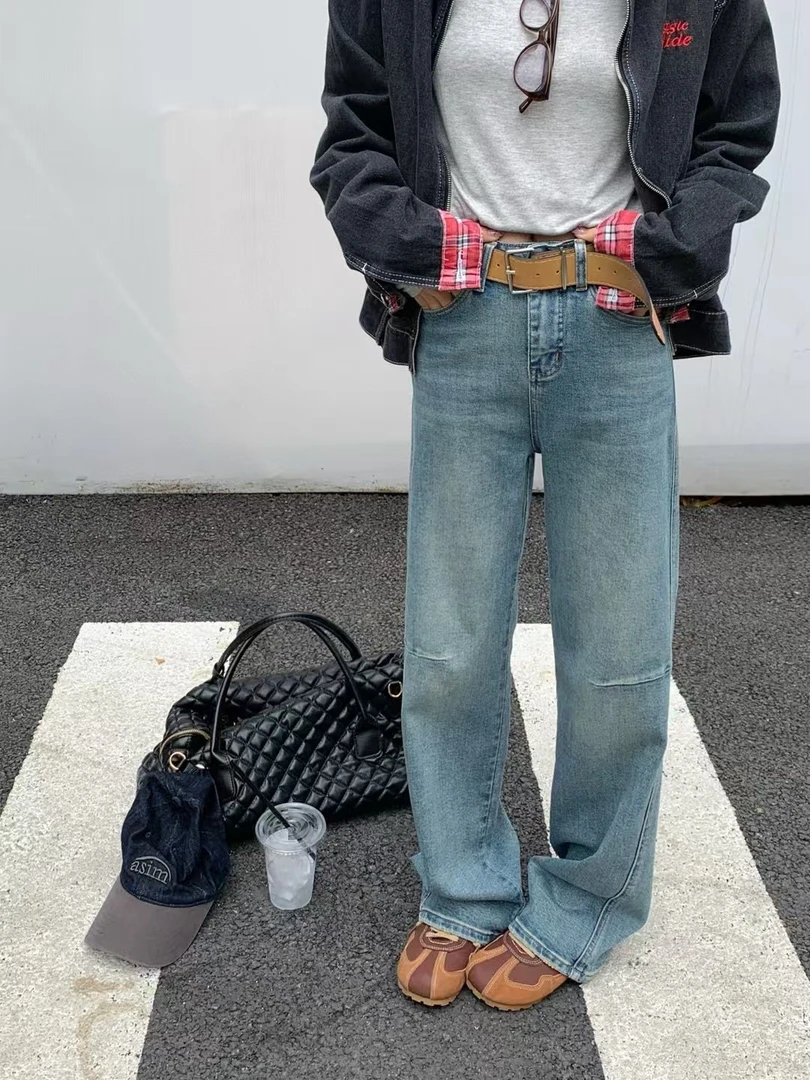 【菲玥】兰色洋气设计窄版拖地裤