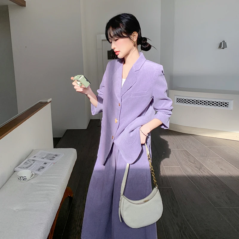紫色灯芯绒西装套装裙女2025春季新款高级感气质温柔半身裙两件套