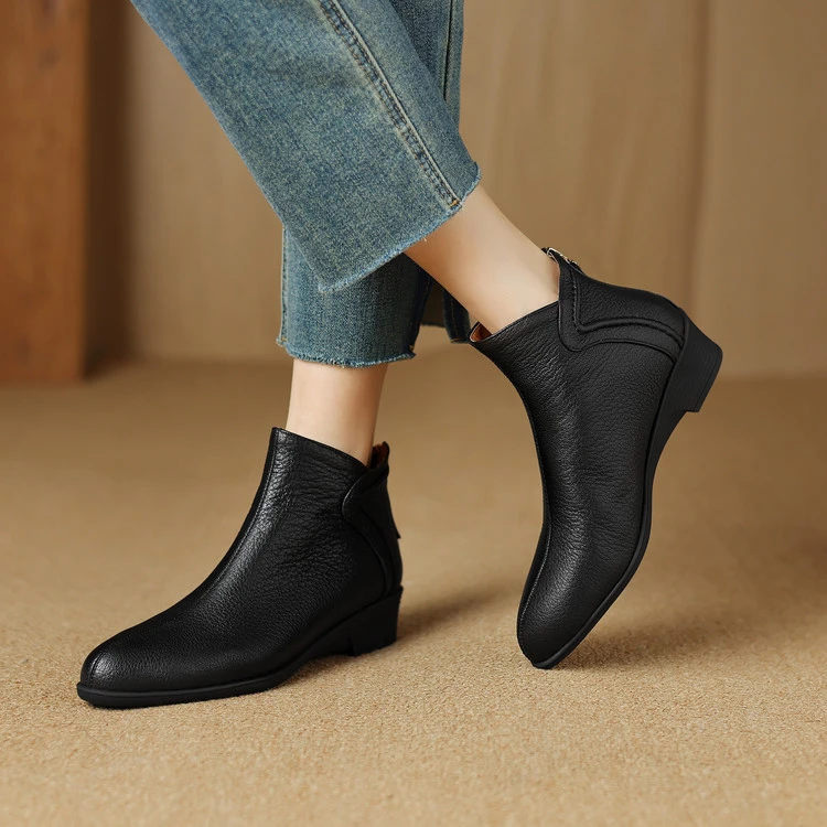 25新款真皮头层牛皮方头粗跟短靴女加厚绒里中跟短筒靴子马丁靴