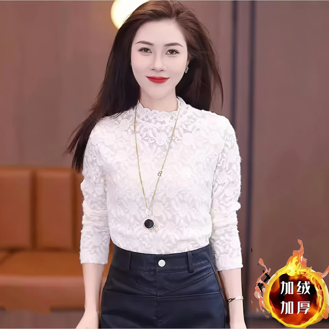 欧货新款洋气磨毛蕾丝长袖加绒保暖提花半高领内搭百搭打底衫上衣