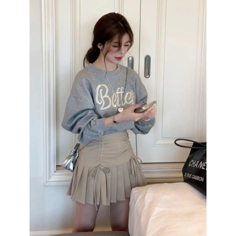 2025秋季新款韩系穿搭宽松圆领印花卫衣上衣设计百褶半身裙X11292