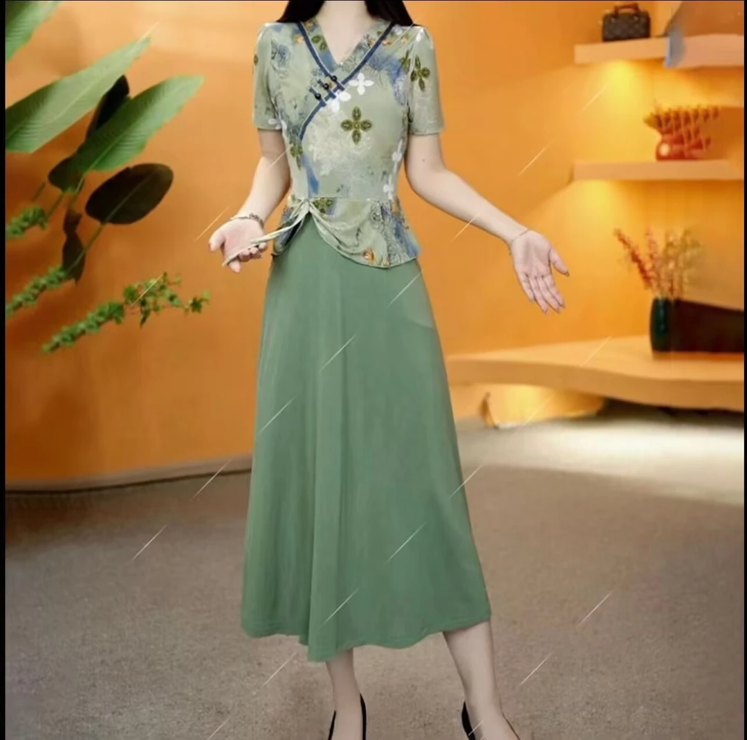 夏季新款冰羽丝斜襟盘扣假两件显瘦显白连衣裙女式减龄短袖裙子