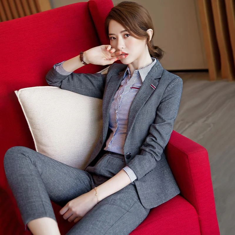 灰色格子西装套装女春秋高端气质酒店前台职业工作服西服外套正装