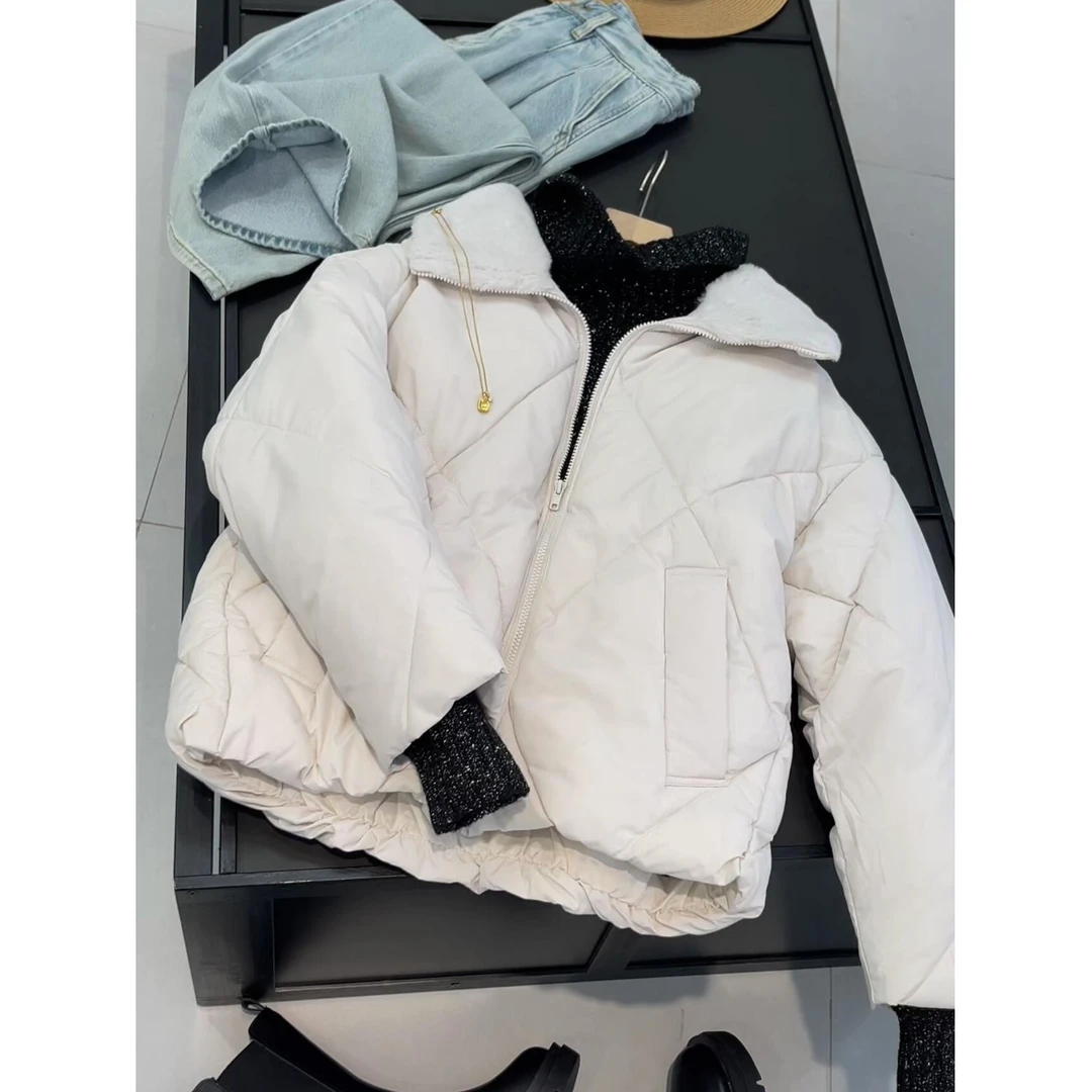 高级米白色毛毛立领菱形格加厚保暖拉链棉服外套秋季百搭