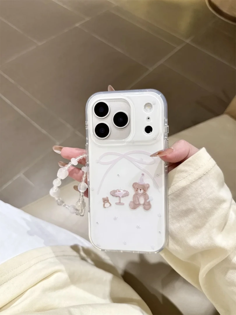 简约卡通蝴蝶结小熊手机壳适用iPhone17promax/16防摔包相机键