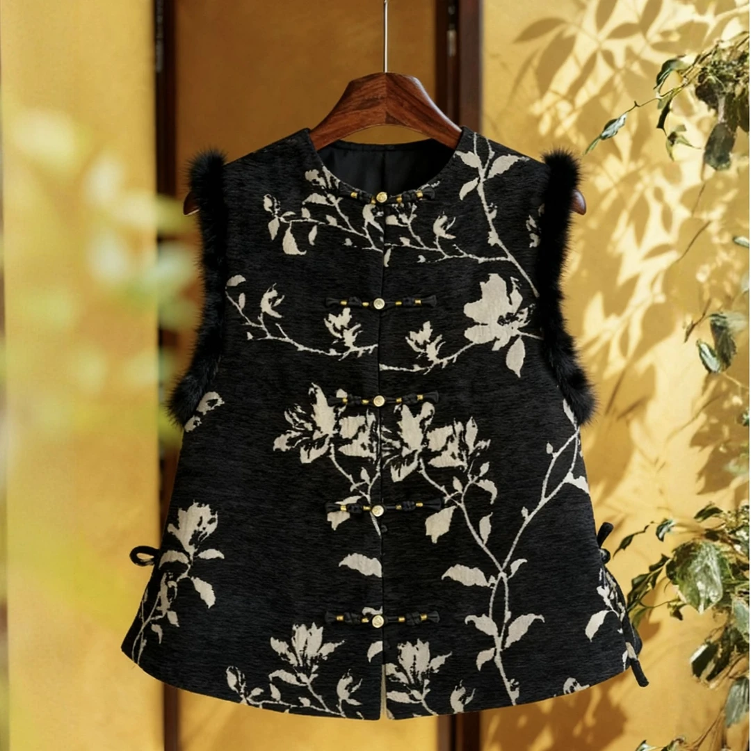 国绫新中式女装【墨染枝】优雅风马甲女提花马夹黑色绣花无袖中式