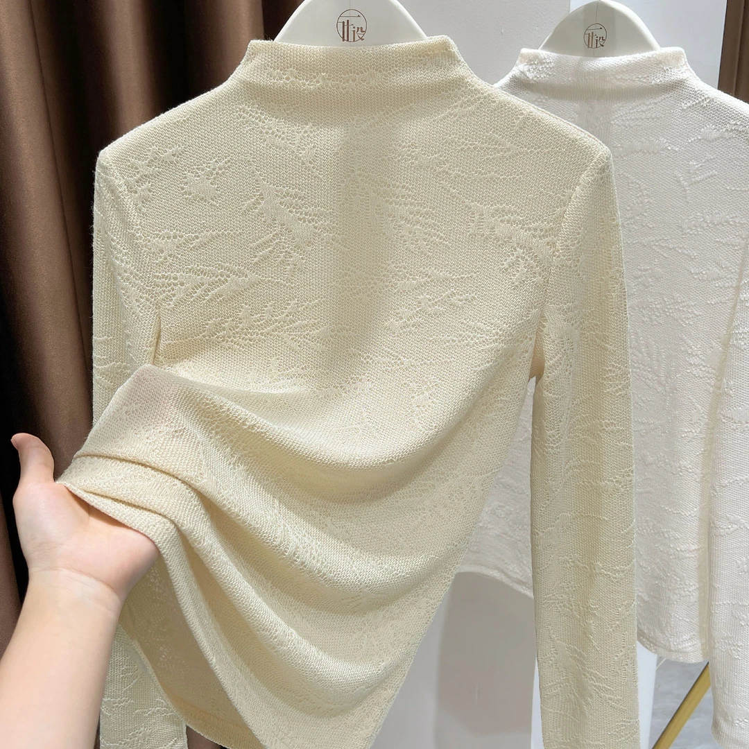 别致设计感提花半高领打底衫女2025新款长袖内搭显瘦针织中领上衣