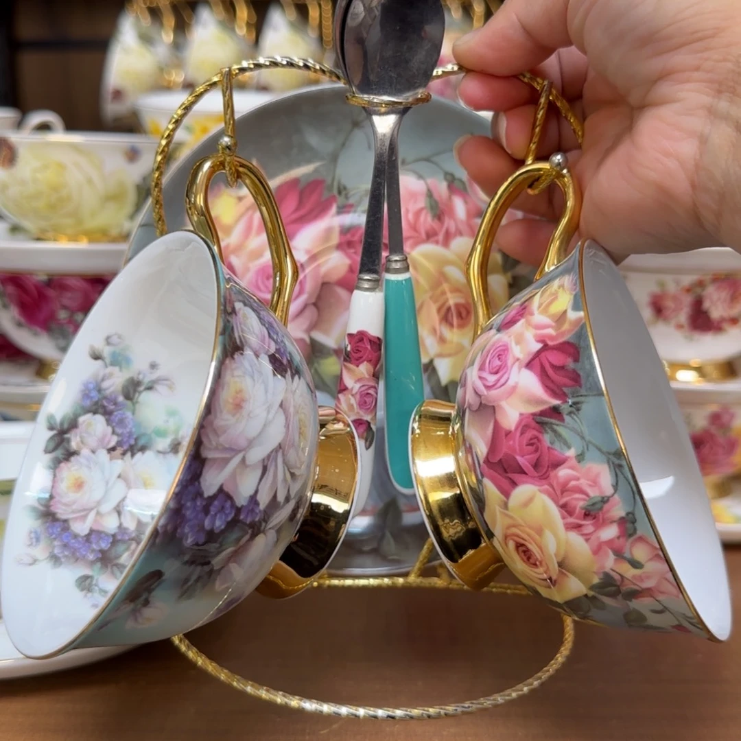 45%以上骨粉骨瓷经典➕渐变蓝两杯碟送杯架快递装