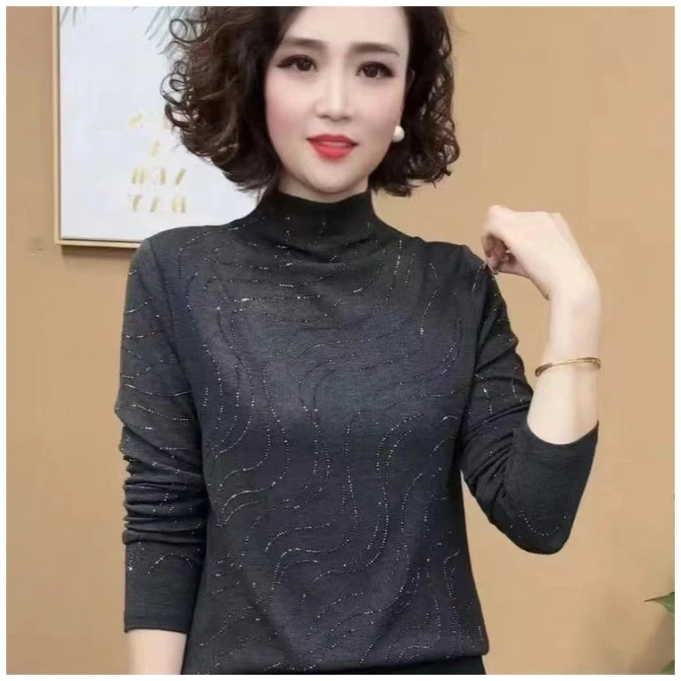 2025年秋冬新品时尚洋气烫钻半高领长袖打底衫上衣设计感气质显瘦