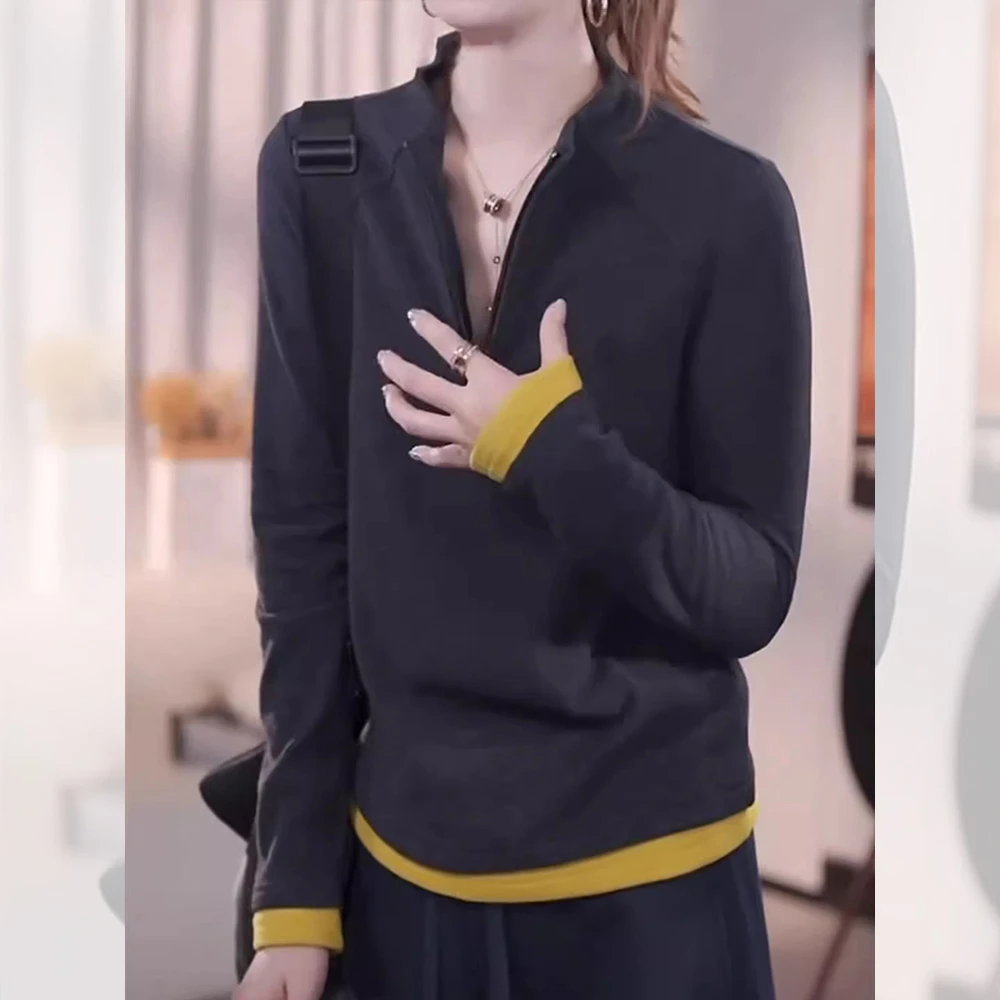 时尚气质立领半拉链长袖T恤女2025秋季胖mm设计感内搭打底衫上衣