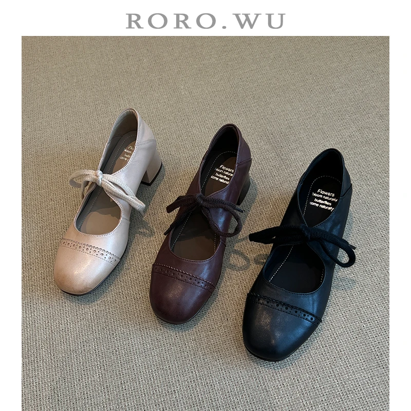 娆娆吴·水洗牛皮气质日常系带镂空减龄时尚舒适法式雕花单鞋A99