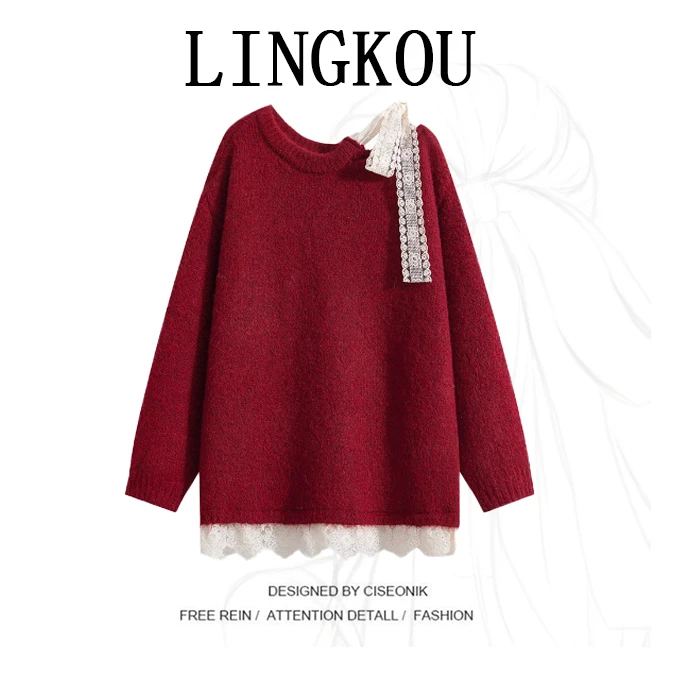 复古蕾丝拼接蝴蝶结系带露肩毛衣女秋冬季2025时尚温柔软糯上衣潮