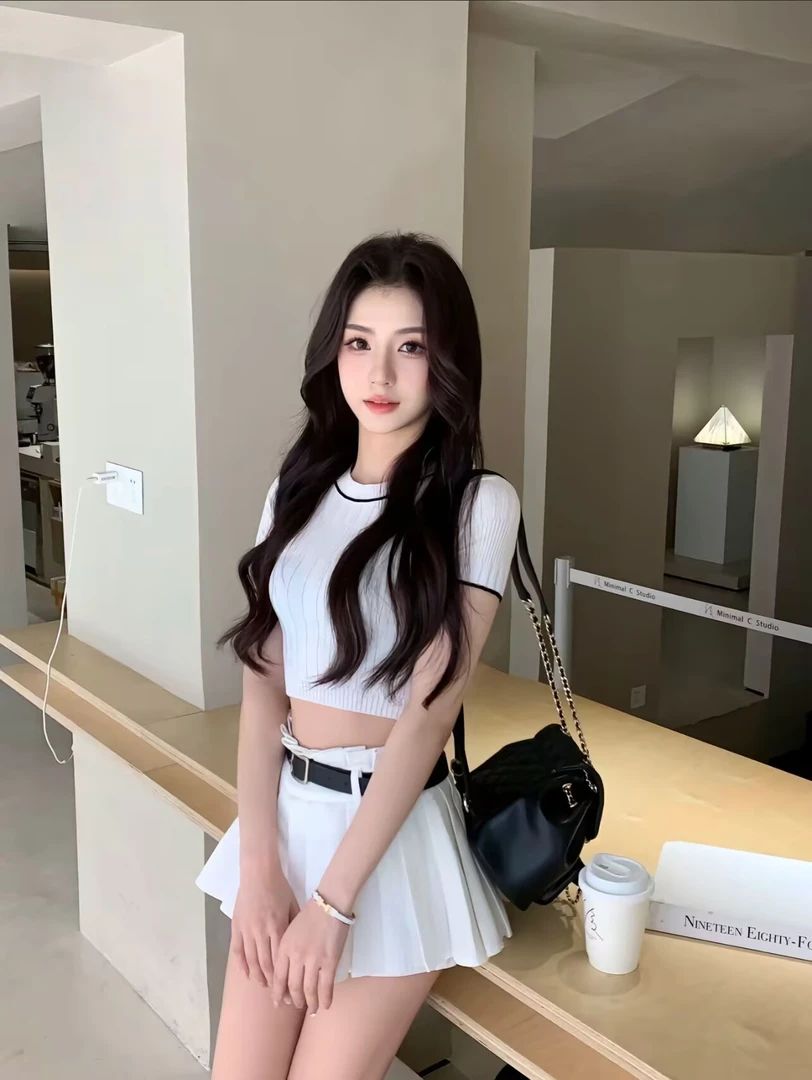 【纯白玫瑰】韩系圆领短袖针织上衣女+高腰白色百褶裙裤短裙两件套