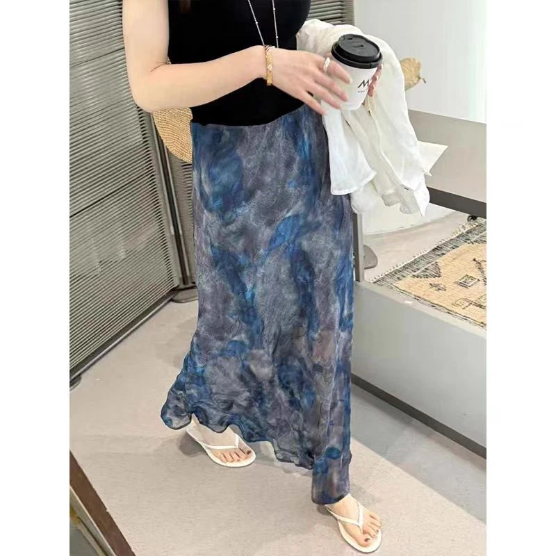 2025春秋荷叶边印花鱼尾a字裙水墨画晕染气质显瘦中长款半身裙女