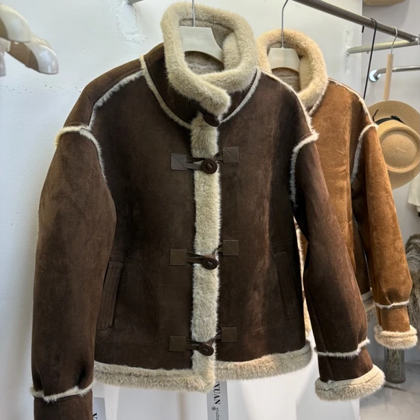 保暖短外套设计师加绒加厚皮毛一体8967时尚休闲