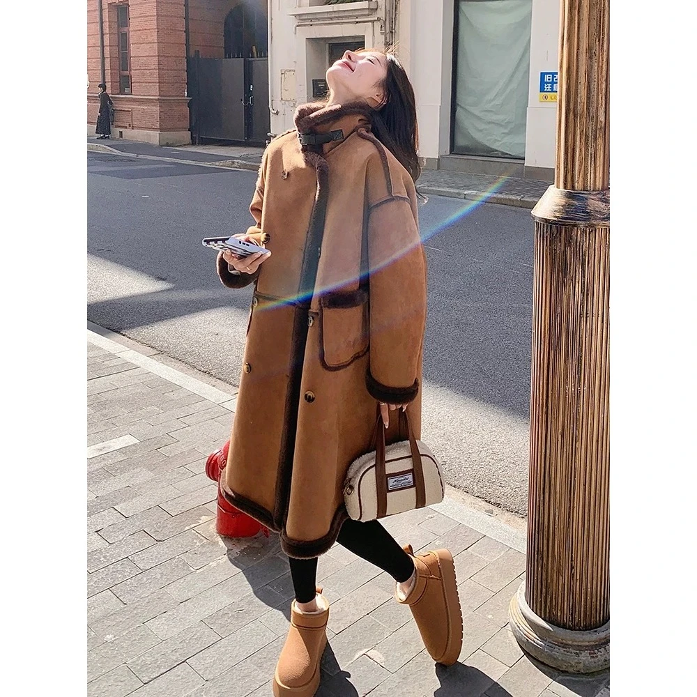 2024冬季新品皮毛一体外套加绒加厚时尚长外套韩版保暖冬款大衣