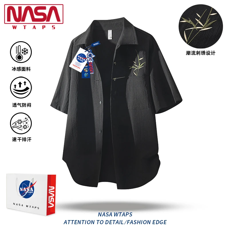NASA WTAPS新中式刺绣衬衫男士短袖夏季轻薄宽松唐装古风休闲衬衣