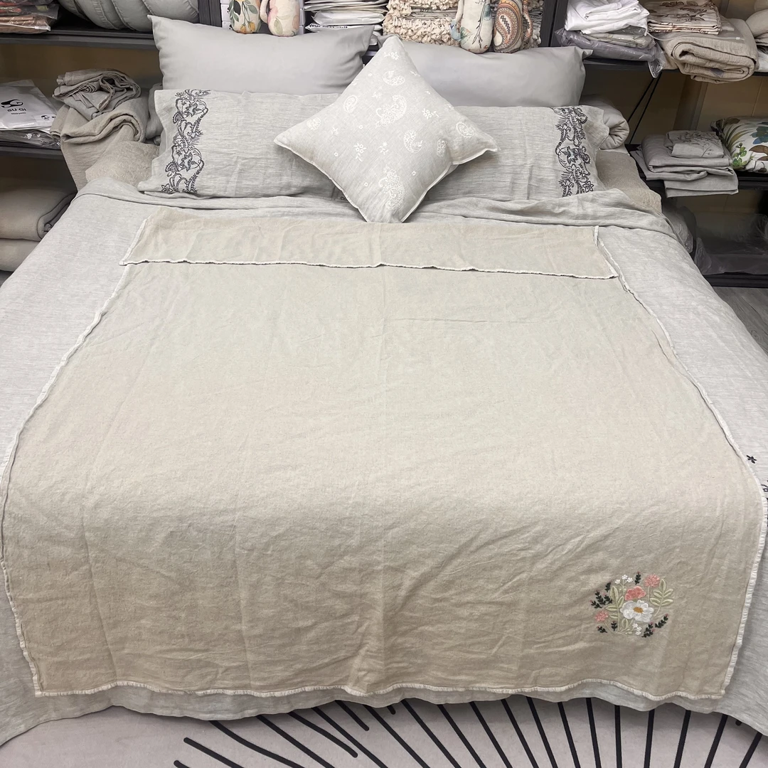 【吉祥】100%汉麻雨露麻包边刺绣单人盖毯床单浴巾披肩