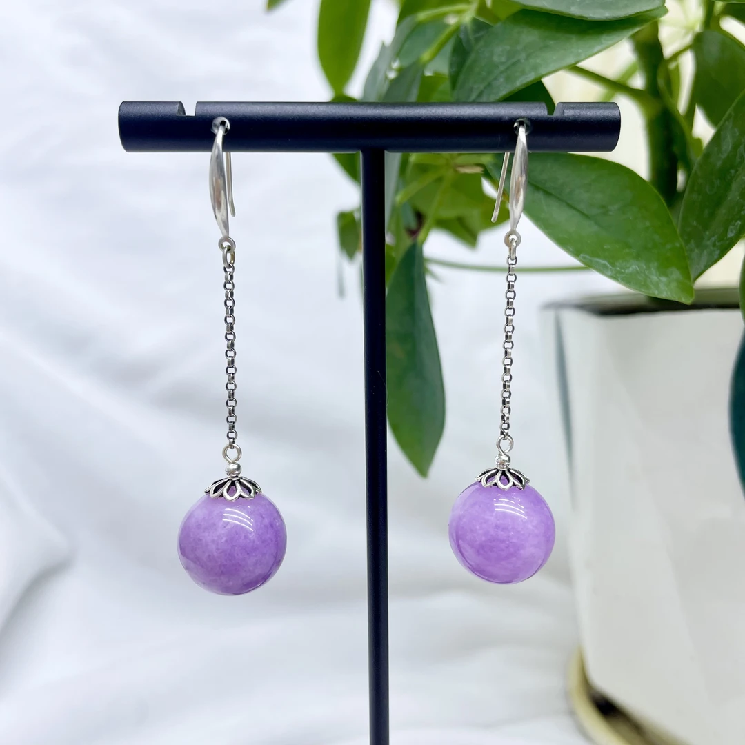 s925银耳坠浅紫色圆珠耳环女款耳钩复古中式国潮国风优雅长款69