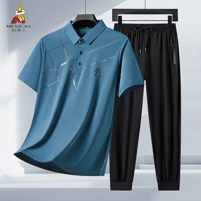 Mexican/稻草人男休闲运动套装男士冰丝套装薄款潮流时尚半袖百搭