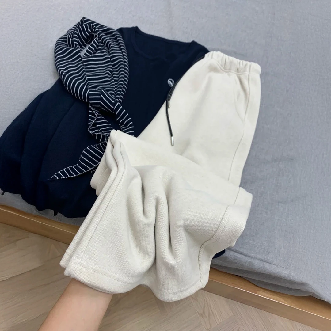 米杏色毛呢阔腿裤女秋冬加绒大码胖mm高腰宽松显瘦慵懒感休闲裤子